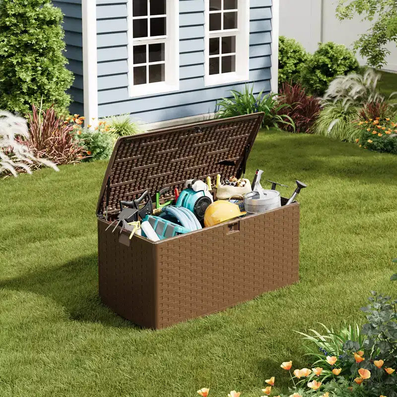 Grand coffre de jardin de 375 L - Résine étanche et verrouillable - Avec poignées pour outils de jardin