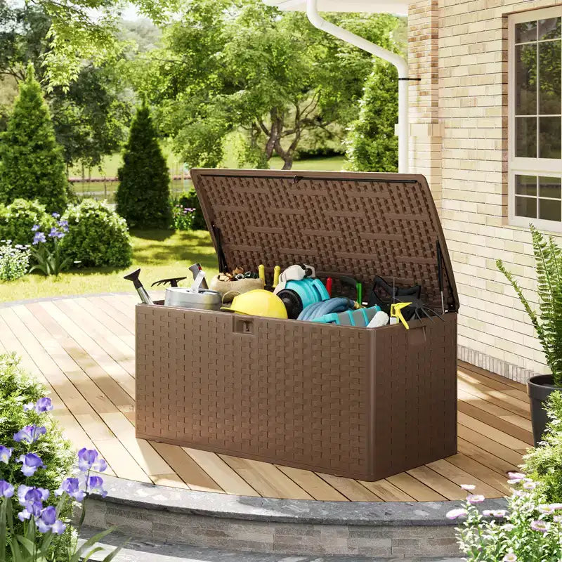 Grand coffre de jardin de 375 L - Résine étanche et verrouillable - Avec poignées pour outils de jardin