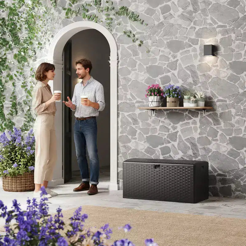 Grand coffre de jardin de 375 L - Résine étanche et verrouillable - Avec poignées pour outils de jardin