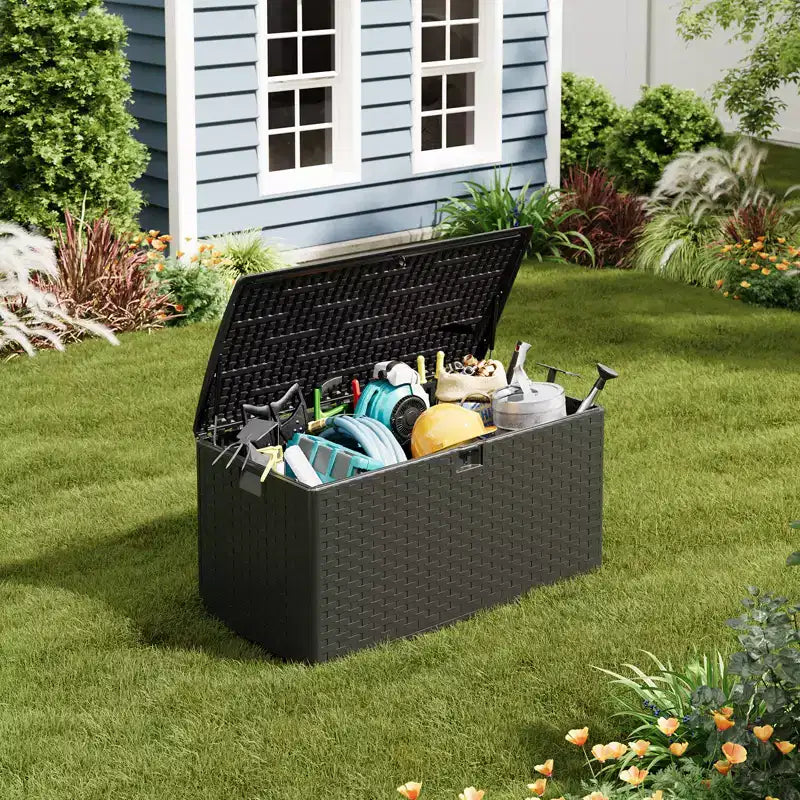 Grand coffre de jardin de 375 L - Résine étanche et verrouillable - Avec poignées pour outils de jardin