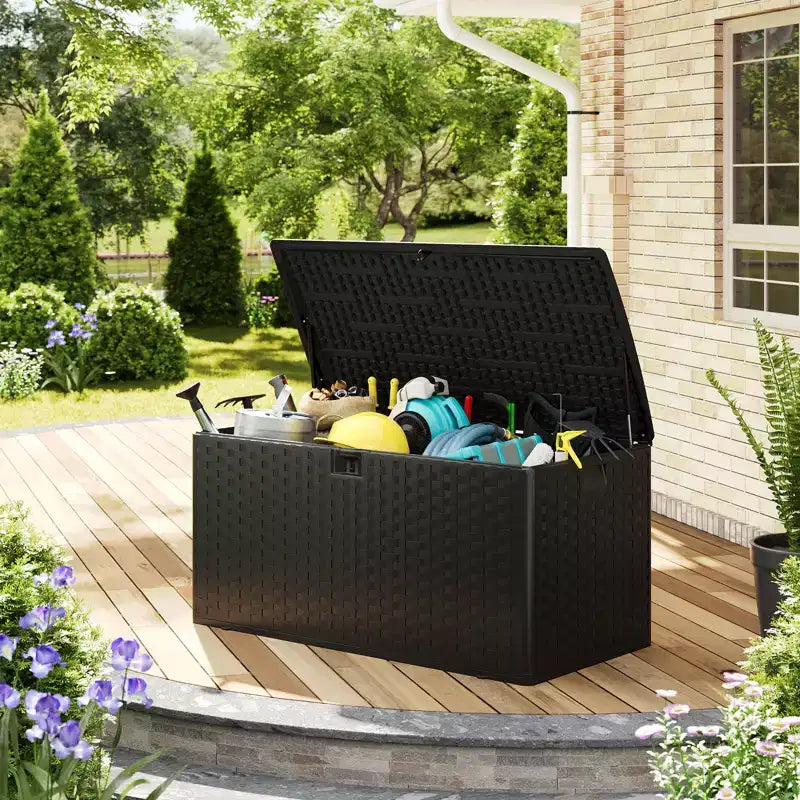 Grand coffre de jardin de 375 L - Résine étanche et verrouillable - Avec poignées pour outils de jardin