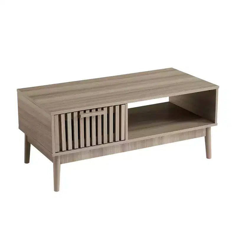 Table basse moderne avec tiroir de rangement et étagère ouverte - Table de centre rectangulaire cannelée à 2 niveaux