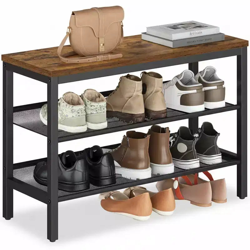 VASAGLE 3 Tier Shoe Rack Bench, One Piece Shelves, Shoe Storage Organizer with Raised Edges, Industrial, Easy Assembly, Rustic Brown and Matte Black