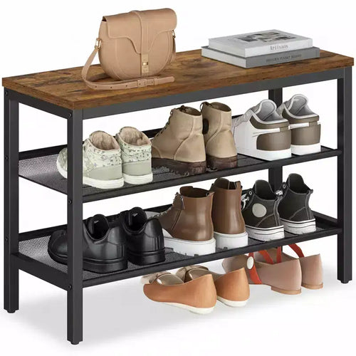 VASAGLE 3 Tier Shoe Rack Bench, One Piece Shelves, Shoe Storage Organizer with Raised Edges, Industrial, Easy Assembly, Rustic Brown and Matte Black