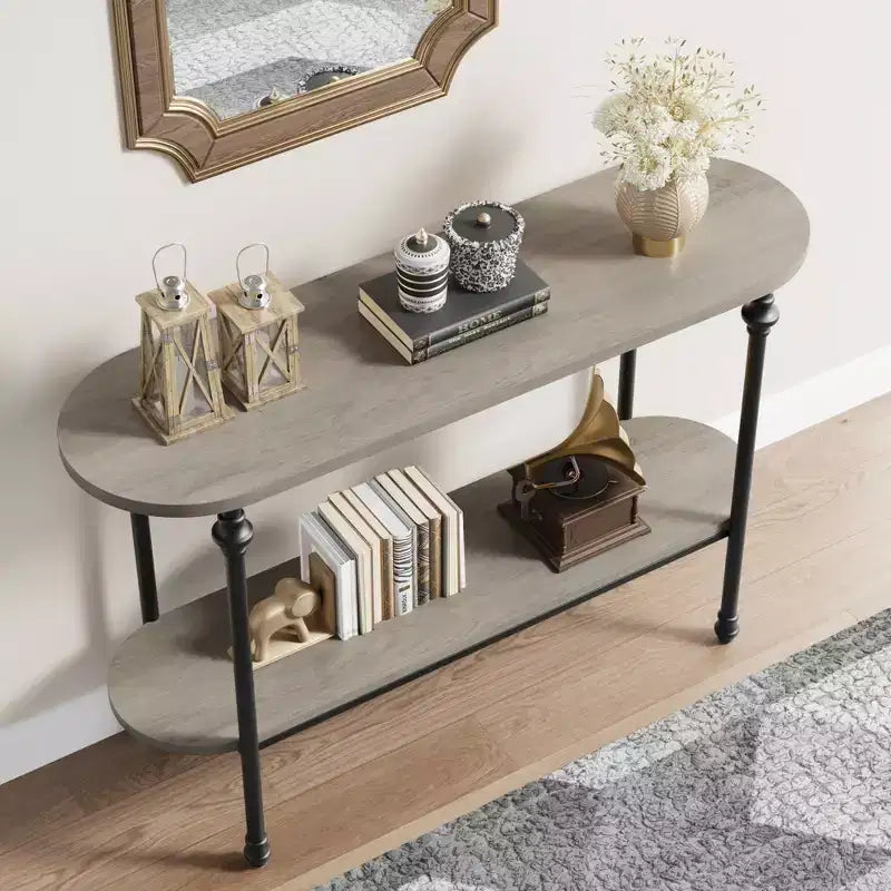 Console 2 plateaux, table d'entrée industrielle 110 cm avec étagère de rangement, table d'appoint en métal derrière le canapé pour salon, couloir et hall d'entrée