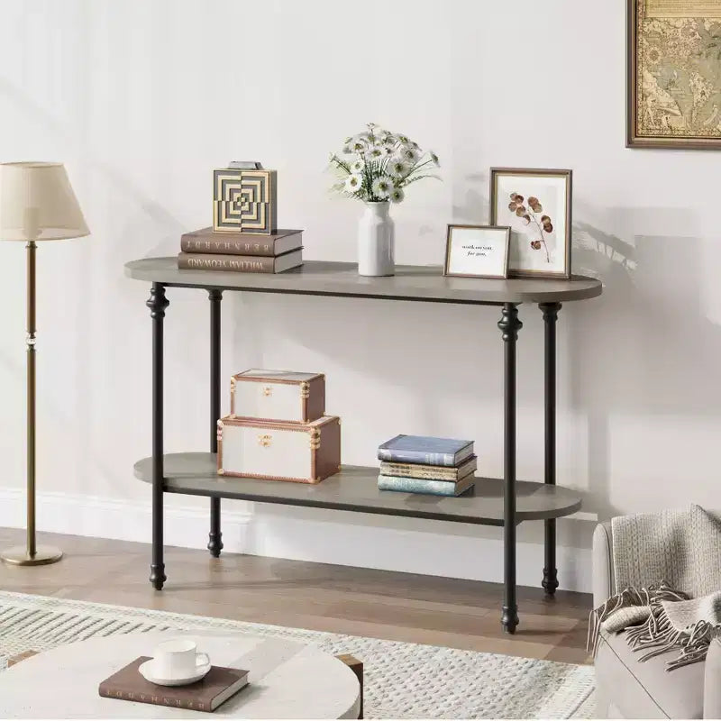 Console 2 plateaux, table d'entrée industrielle 110 cm avec étagère de rangement, table d'appoint en métal derrière le canapé pour salon, couloir et hall d'entrée