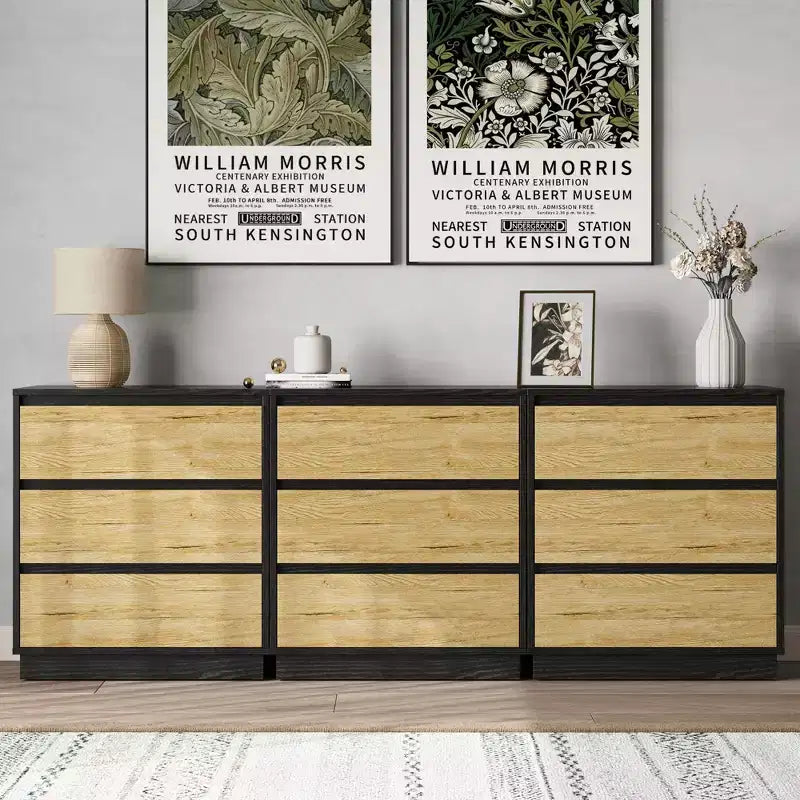 Table de chevet large avec 3 tiroirs, rangement coulissant dissimulé, noir et bois
