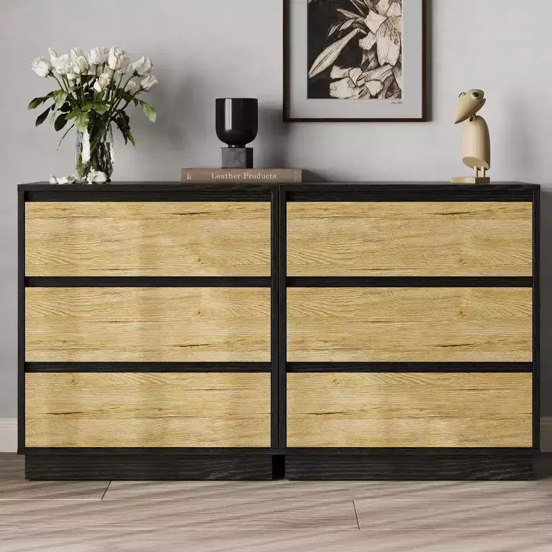 Table de chevet large avec 3 tiroirs, rangement coulissant dissimulé, noir et bois