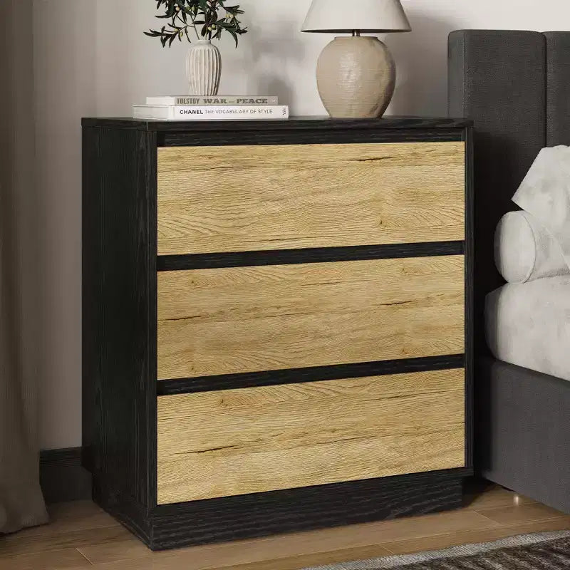 Table de chevet large avec 3 tiroirs, rangement coulissant dissimulé, noir et bois