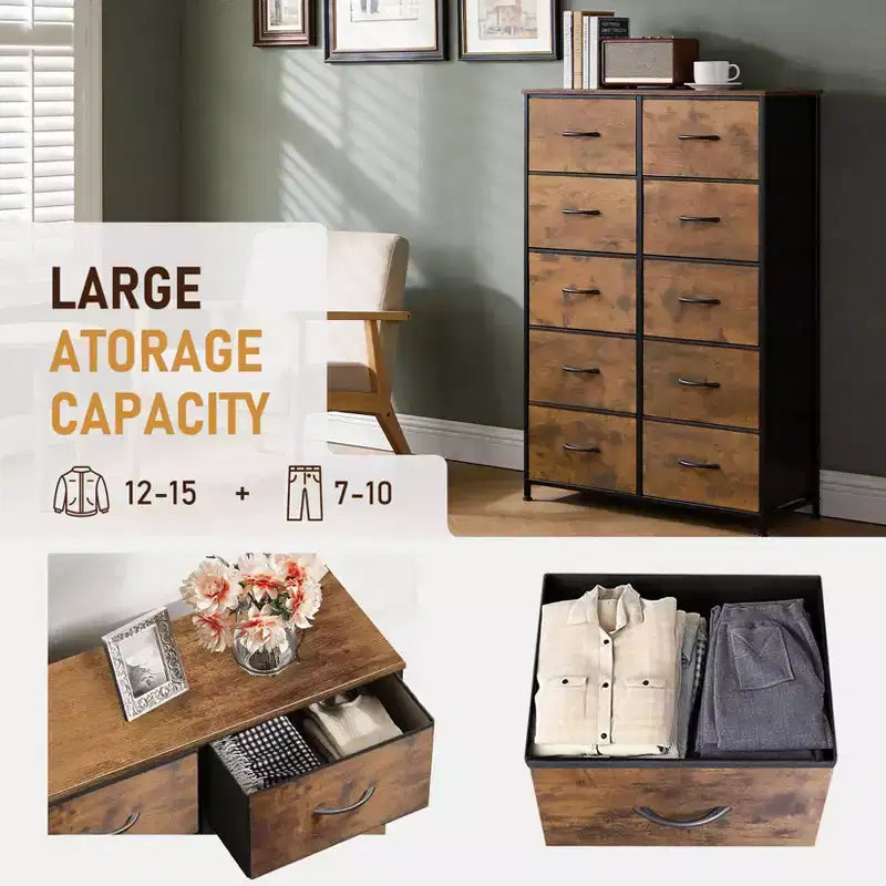 Commode haute à 10 tiroirs – Grande commode de chambre à coucher