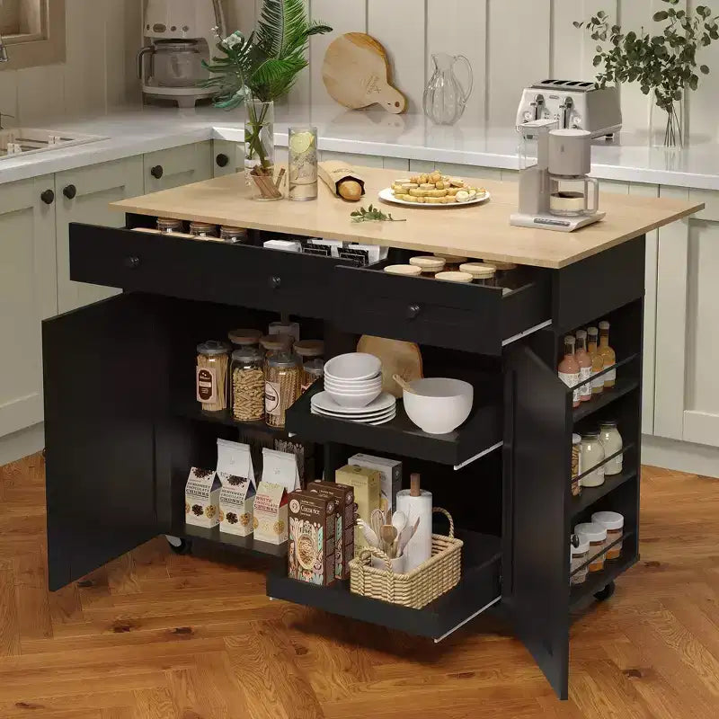 47.2 Mobile Rolling Kitchen Cart On Wheels, Rolling Kitchen Island with Drop Leaf Countertop, Charging Station, Pull-Out Shelves & Ample Storage