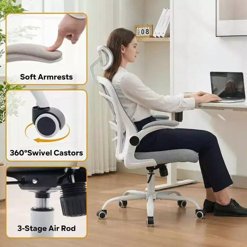 Chaise de bureau ergonomique confortable avec accoudoirs relevables, chaise de bureau d'ordinateur à siège large avec support lombaire pour chambre à coucher, salle d'étude et jeux pour étudiants