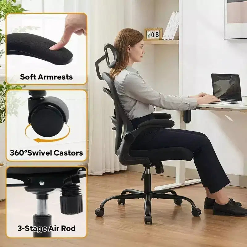 Chaise de bureau ergonomique confortable avec accoudoirs relevables, chaise de bureau d'ordinateur à siège large avec support lombaire pour chambre à coucher, salle d'étude et jeux pour étudiants