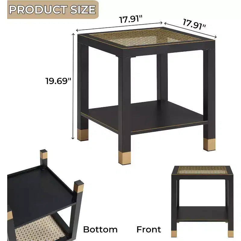 Table d'appoint carrée en verre grillagé doré avec cadre en métal