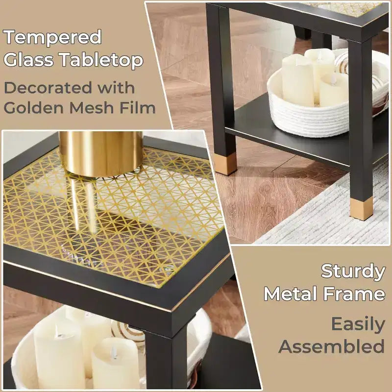 Table d'appoint carrée en verre grillagé doré avec cadre en métal