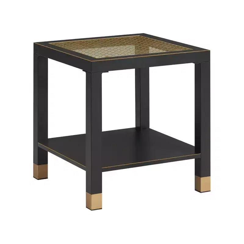 Table d'appoint carrée en verre grillagé doré avec cadre en métal