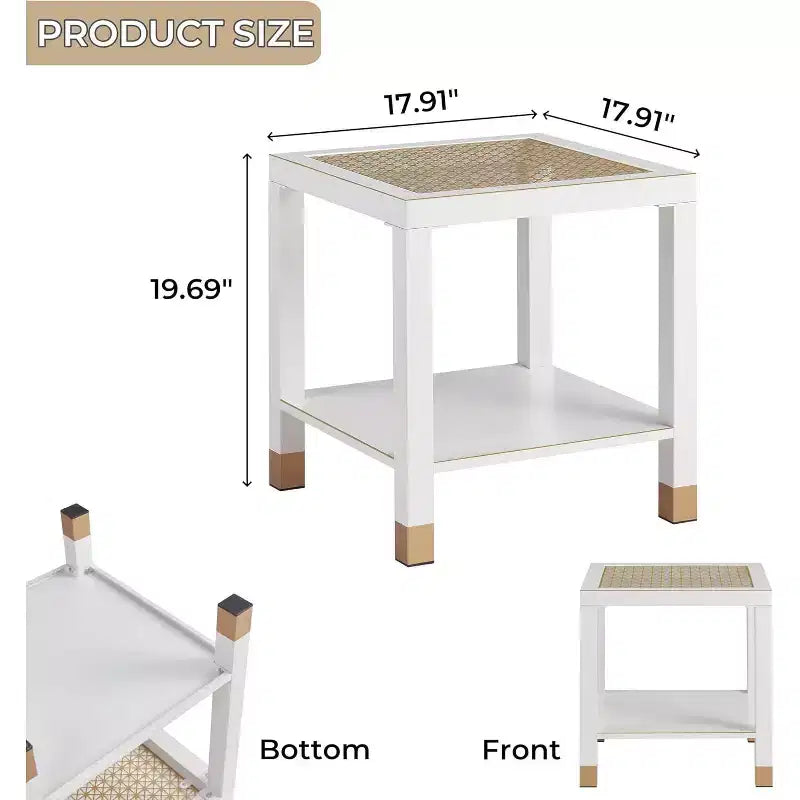 Table d'appoint carrée en verre grillagé doré avec cadre en métal