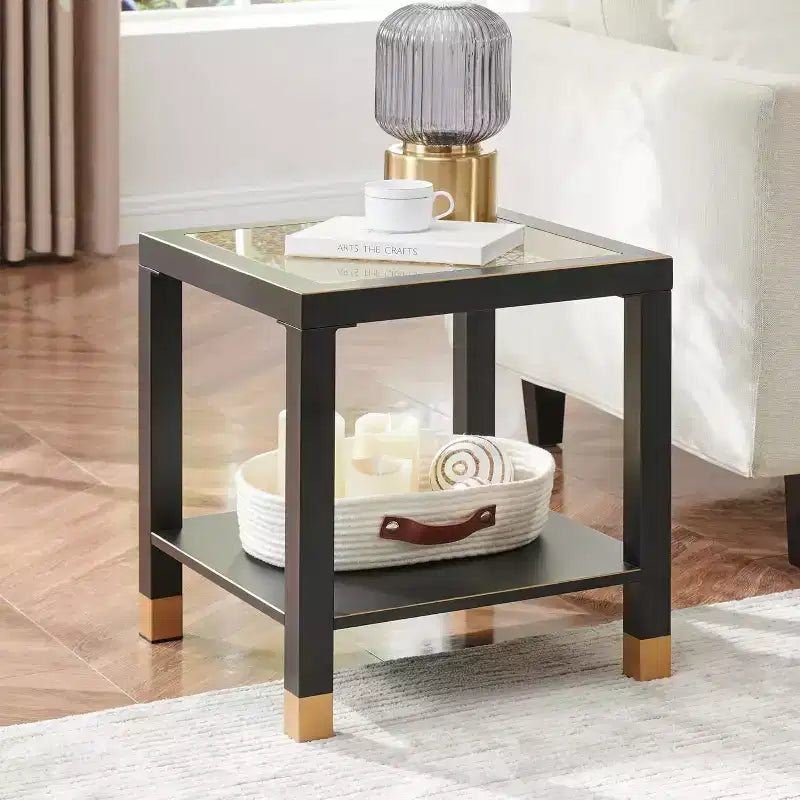 GDFStudio Camden Gold Mesh Glass Square Side Table with Metal Frame