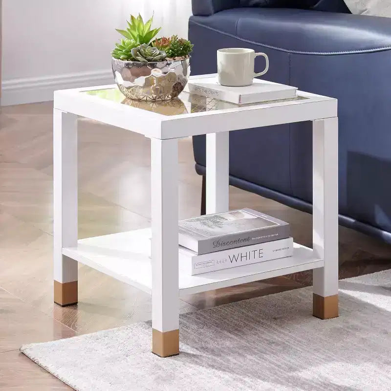 Table d'appoint carrée en verre grillagé doré avec cadre en métal