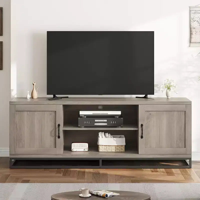 Farmhouse Industrial TV Stand with Gray Wood Finish, Media Console Table with Open Shelves & Storage Cabinets, Entertainment Center