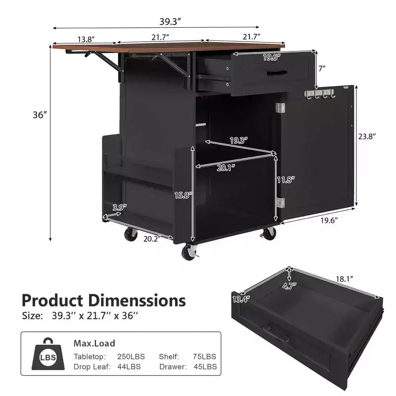 Îlot de cuisine roulant de 99,8 cm avec rangement et roulettes