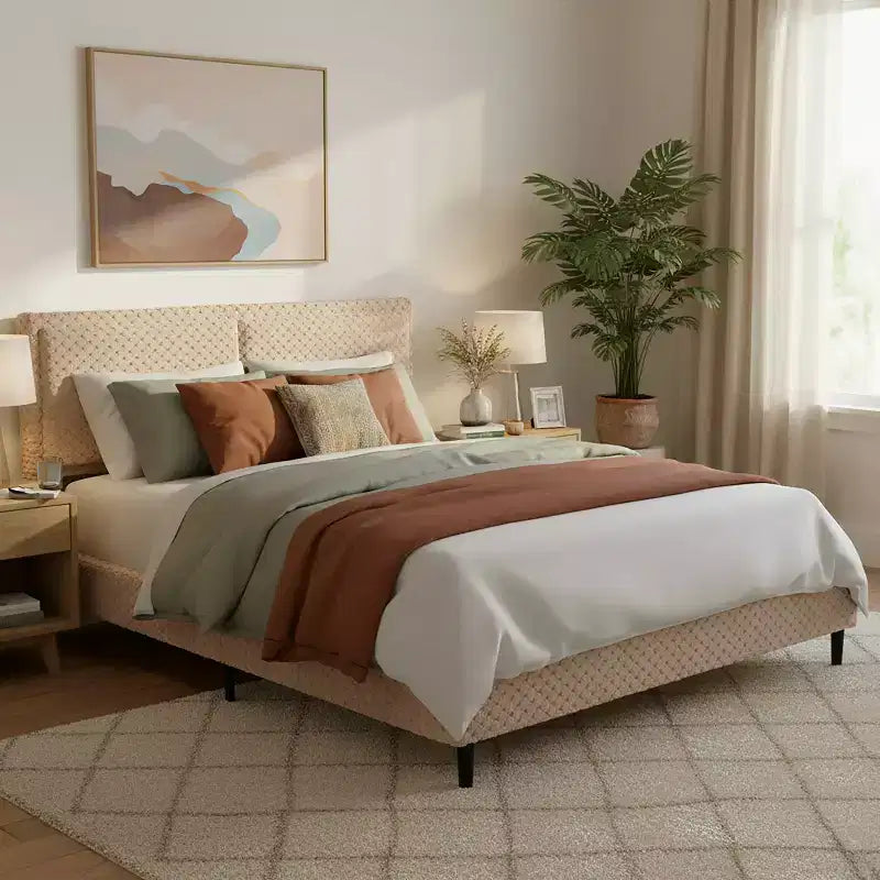 Cadre de lit rembourré en peluche Camel – Lit plateforme à tête de lit capitonnée