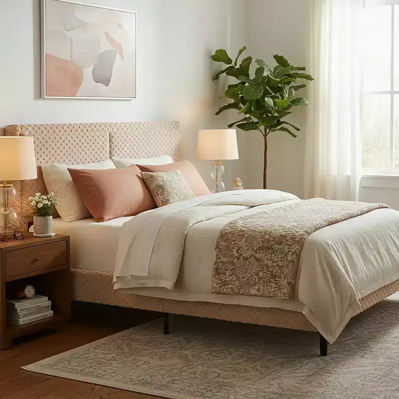 Cadre de lit rembourré en peluche Camel – Lit plateforme à tête de lit capitonnée
