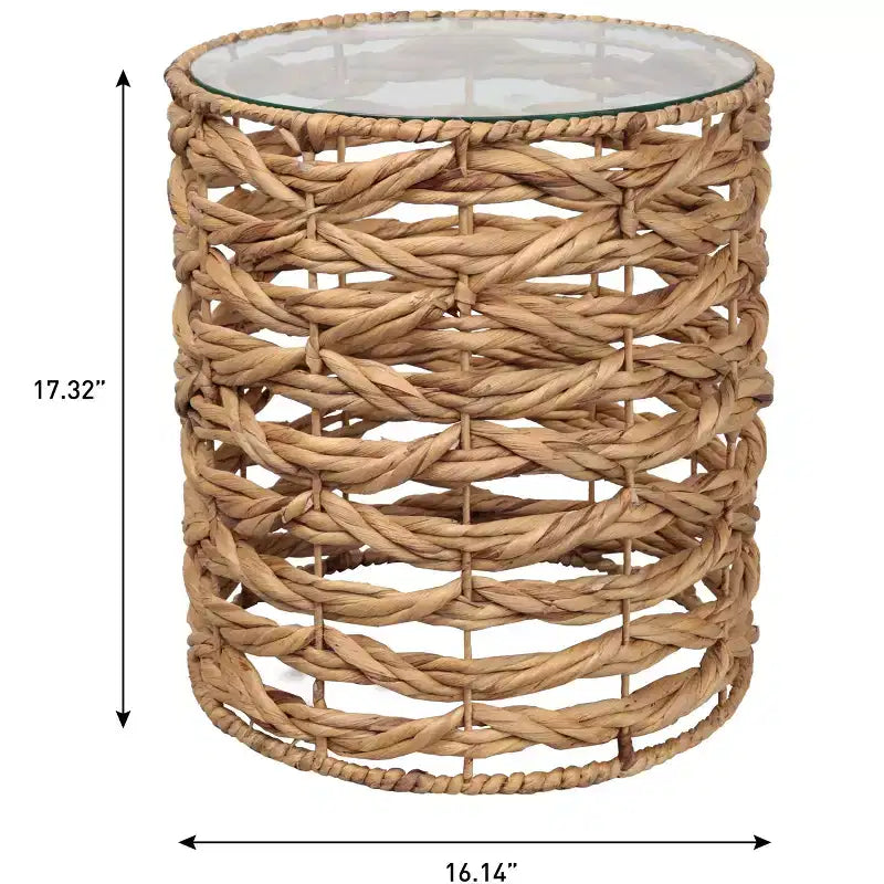 Table d'appoint ronde bohème côtière en jacinthe d'eau tissée à la main de 16 po