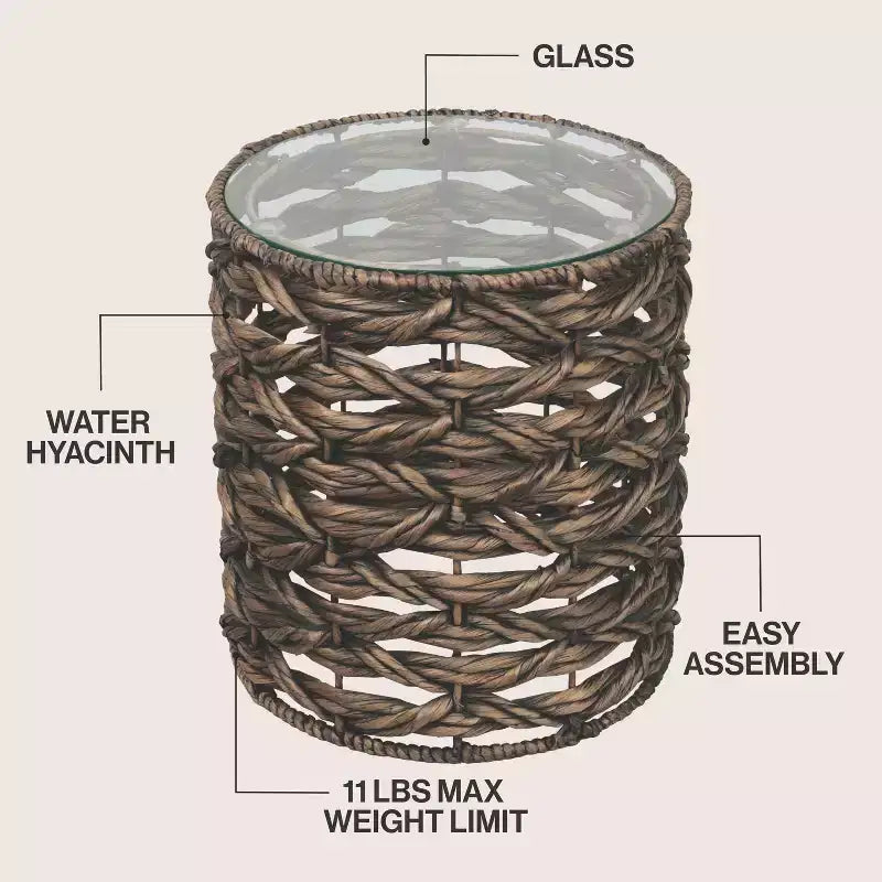 Table d'appoint ronde bohème côtière en jacinthe d'eau tissée à la main de 16 po
