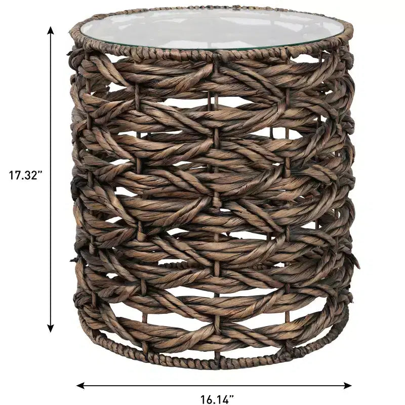 Table d'appoint ronde bohème côtière en jacinthe d'eau tissée à la main de 16 po