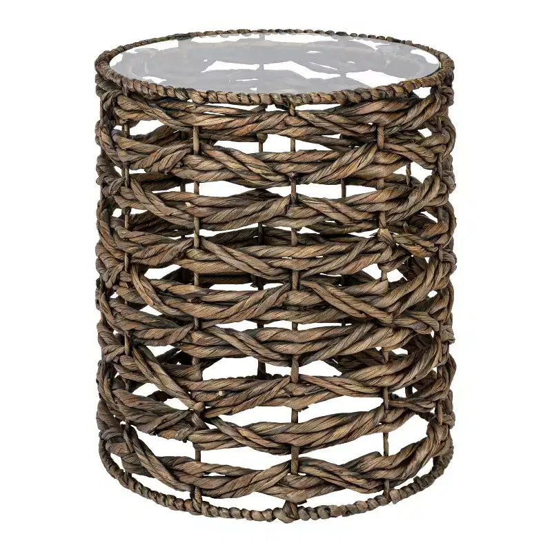 JONATHAN Y Malaya 16 Bohemian Coastal Handwoven Water Hyacinth Open Weave Round End Table with Glass Top