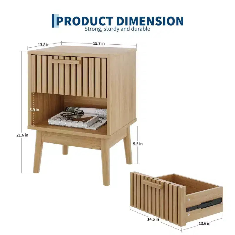 Table de chevet bohème avec tiroir à lattes en bois et étagère ouverte, petite table d'appoint pour chambre, salon et dortoir, idéale pour les petits espaces