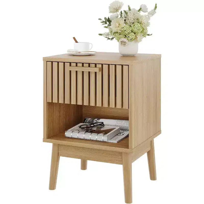 Table de chevet bohème avec tiroir à lattes en bois et étagère ouverte, petite table d'appoint pour chambre, salon et dortoir, idéale pour les petits espaces