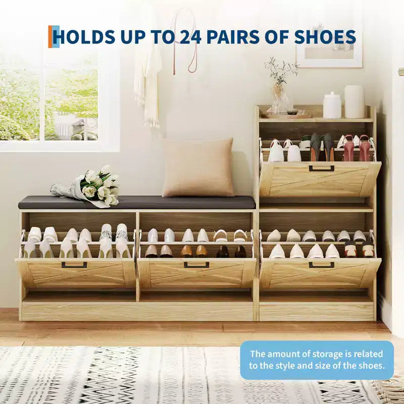Banc de rangement à chaussures en bois avec 4 tiroirs basculants et coussin d'assise rembourré, meuble à chaussures étroit et discret pour couloir et entrée