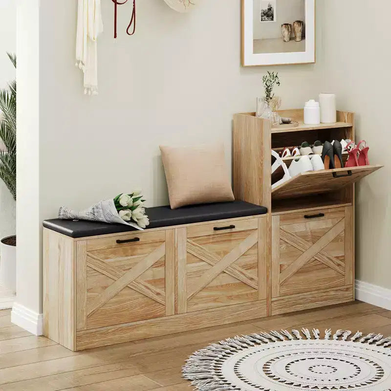 Banc de rangement à chaussures en bois avec 4 tiroirs basculants et coussin d'assise rembourré, meuble à chaussures étroit et discret pour couloir et entrée