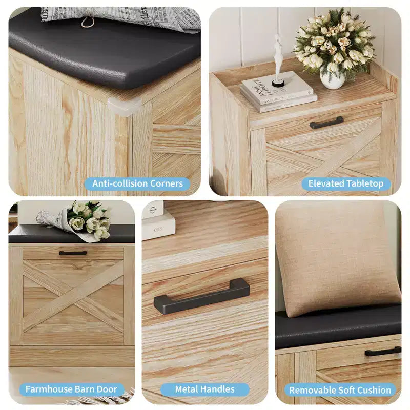 Banc de rangement à chaussures en bois avec 4 tiroirs basculants et coussin d'assise rembourré, meuble à chaussures étroit et discret pour couloir et entrée