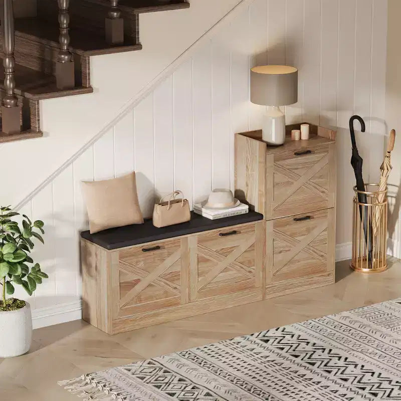 Banc de rangement à chaussures en bois avec 4 tiroirs basculants et coussin d'assise rembourré, meuble à chaussures étroit et discret pour couloir et entrée