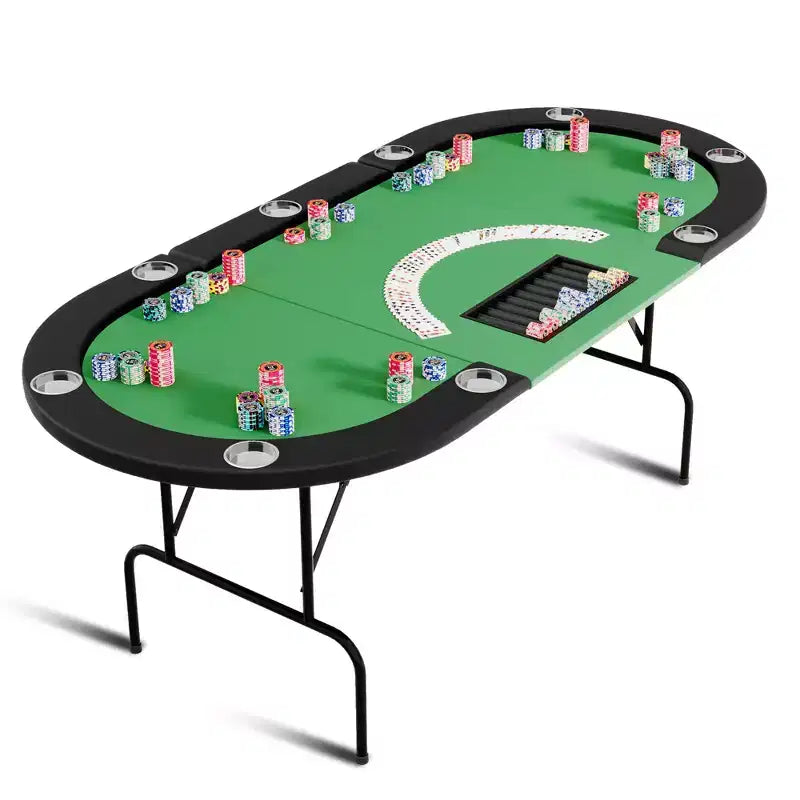Table de poker ovale à 10 joueurs de 81,5 po, station de jeu de blackjack de casino avec surface de cartes rabattable, 9 porte-gobelets profonds et rail rembourré pour le Texas Hold'em