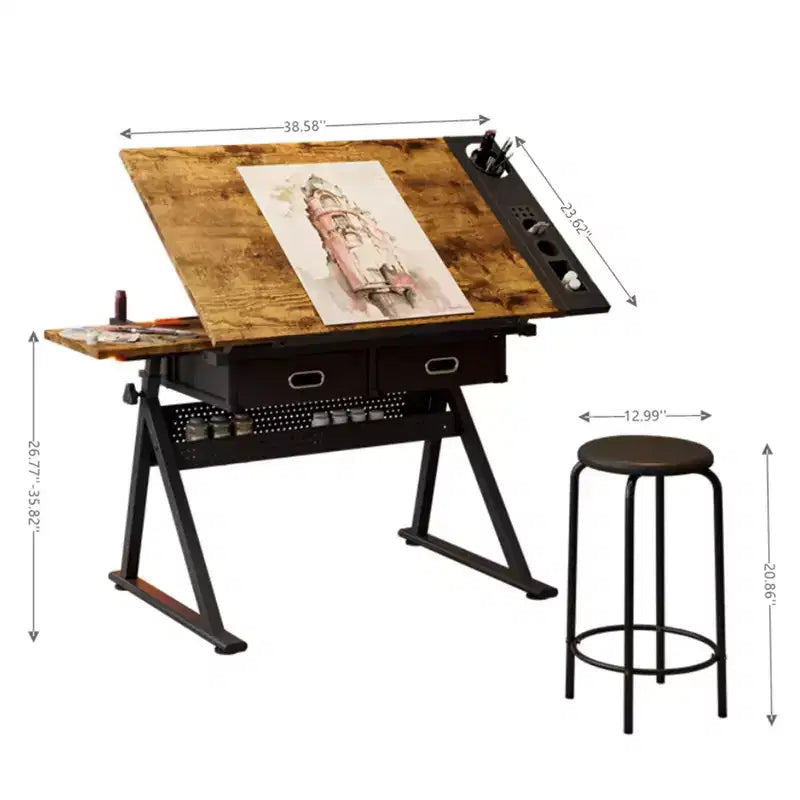 Table de Dessin à Hauteur Réglable avec Plateau Inclinable de 0 à 75°, 2 Tiroirs de Rangement, Tabouret, Bureau d'Art Polyvalent pour le Dessin, la Peinture, l'Esquisse et l'Artisanat