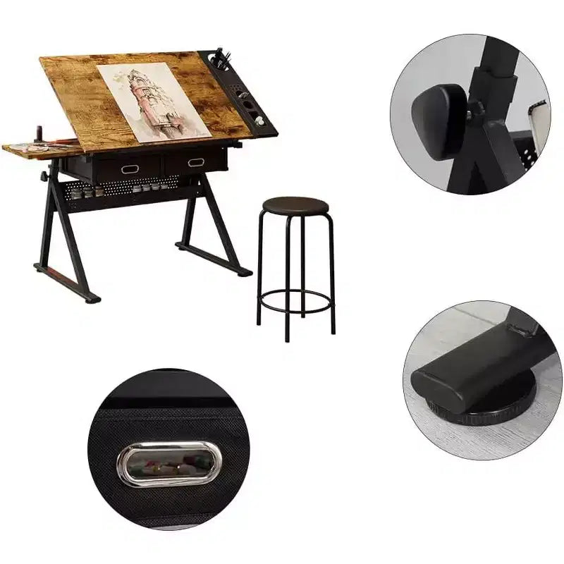 Table de Dessin à Hauteur Réglable avec Plateau Inclinable de 0 à 75°, 2 Tiroirs de Rangement, Tabouret, Bureau d'Art Polyvalent pour le Dessin, la Peinture, l'Esquisse et l'Artisanat