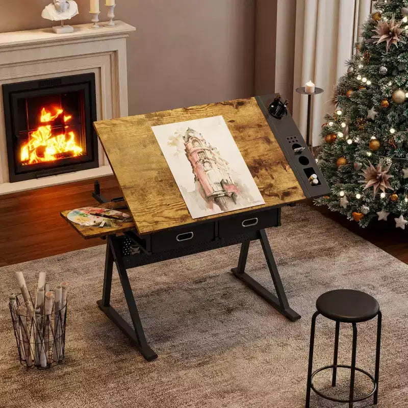 Table de Dessin à Hauteur Réglable avec Plateau Inclinable de 0 à 75°, 2 Tiroirs de Rangement, Tabouret, Bureau d'Art Polyvalent pour le Dessin, la Peinture, l'Esquisse et l'Artisanat