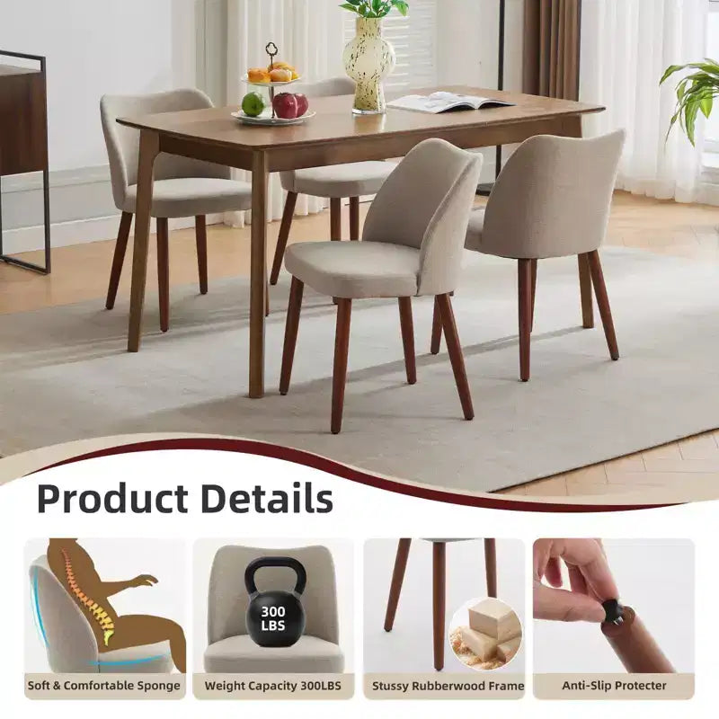 Lot de 2 chaises de salle à manger modernes rembourrées en lin avec dossier ailé et pieds en bois, sièges d'appoint confortables pour la salle à manger, la cuisine, le salon