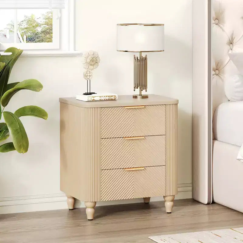 Whisen Modern 3-Drawer Nightstand with Wavy Groove Design, Gourd Legs & Golden Handle for Bedroom
