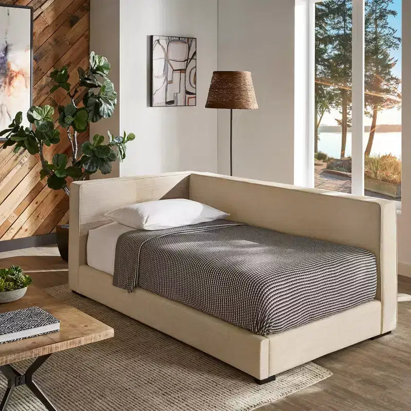 Cadre de lit plateforme capitonné jumeau – Beige