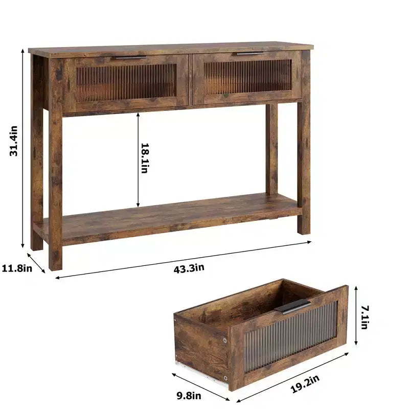 Console en bois à 2 niveaux avec 2 tiroirs en verre, table de canapé d'entrée de 43,3 po de rangement pour salon, foyer et couloir, marron rétro