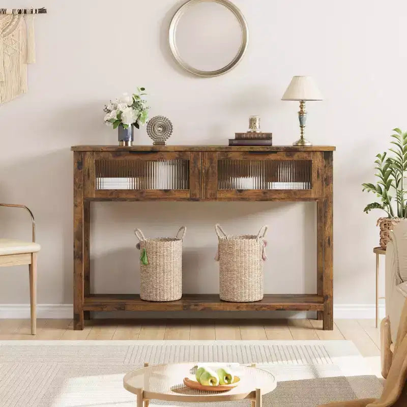 Console en bois à 2 niveaux avec 2 tiroirs en verre, table de canapé d'entrée de 43,3 po de rangement pour salon, foyer et couloir, marron rétro