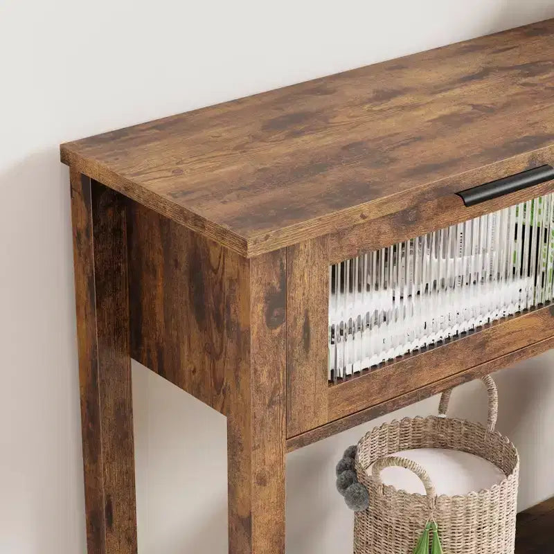 Console en bois à 2 niveaux avec 2 tiroirs en verre, table de canapé d'entrée de 43,3 po de rangement pour salon, foyer et couloir, marron rétro