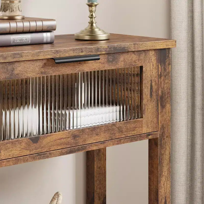 Console en bois à 2 niveaux avec 2 tiroirs en verre, table de canapé d'entrée de 43,3 po de rangement pour salon, foyer et couloir, marron rétro