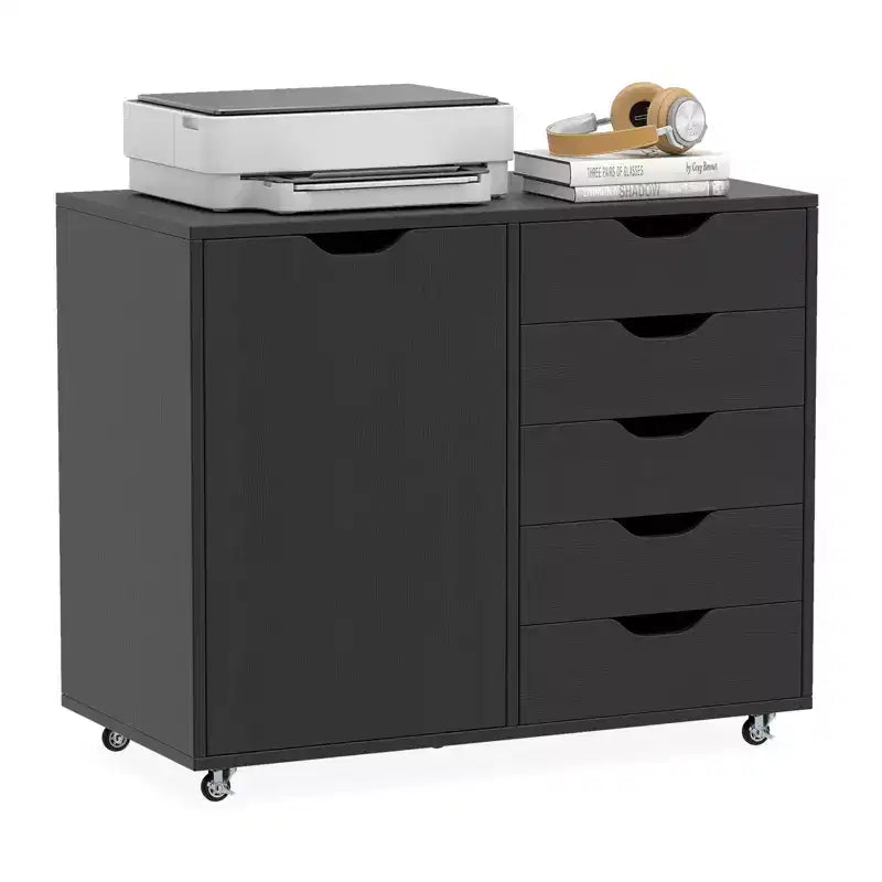 Costway 5-Drawer File Cabinet with Door, Wheels and 5-Level Adjustable Shelf for Home Black/White
