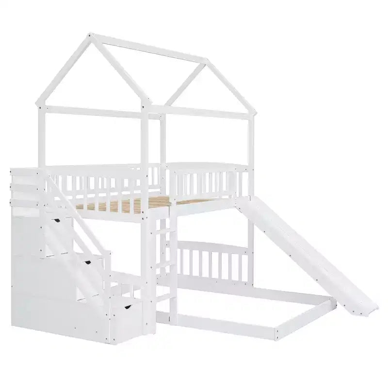 Lit superposé en L Luxystar avec escaliers de rangement et toboggan pour chambre d'enfant